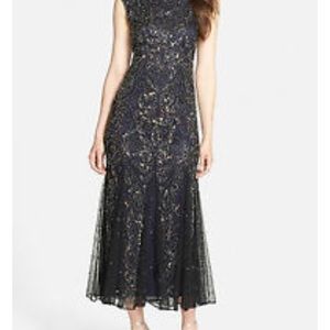 Pissarro Nights Navy Blue Beaded Cap Sleeved Gown